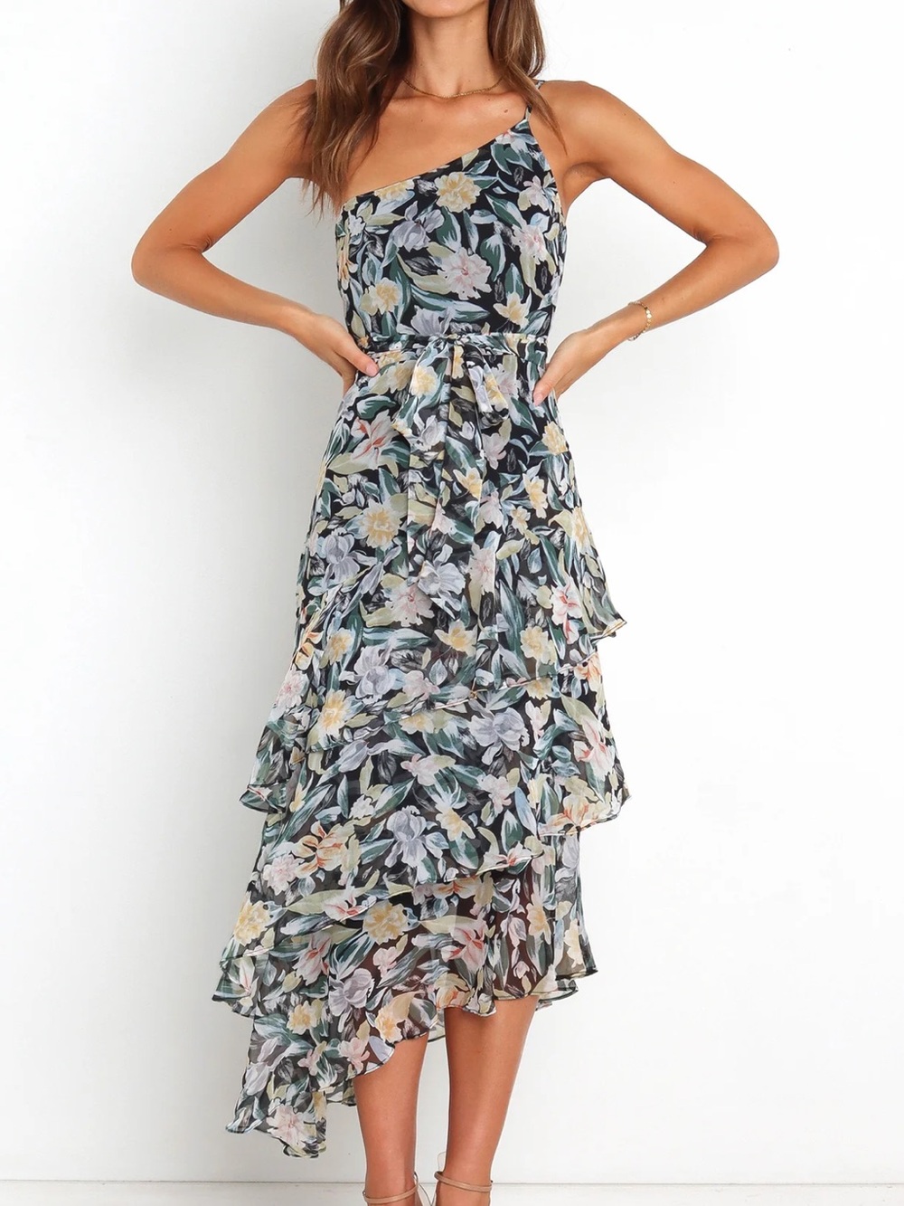NWT Petal & Pup Women’s One-Shoulder Floral Print Ruffle Midi Dress